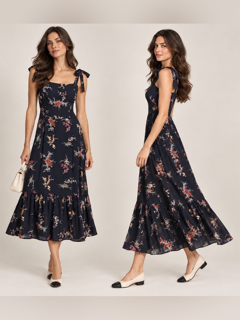 PAIGE Navy Gray Floral Tie Shoulder Tiered Midi Dress Smocked Feminine Boho Sz L